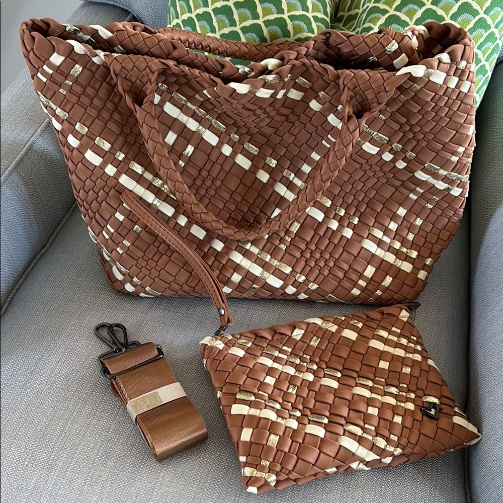 Woven Brown and Cream Tote Bag Set New Without Tags